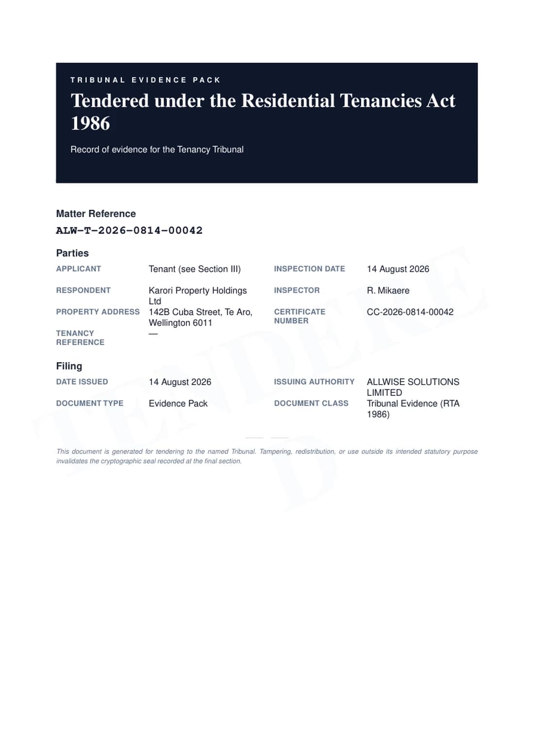Tribunal Evidence Pack — Cover page with slate banner, matter reference ALW-T-2026-0814-00042, parties grid, and index of sections