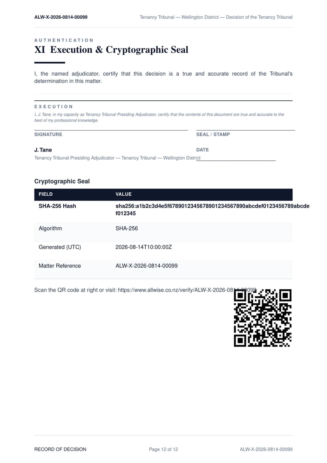 Tribunal Evidence Pack page 11 — cryptographic seal with SHA-256 hash, QR code and adjudicator signature block